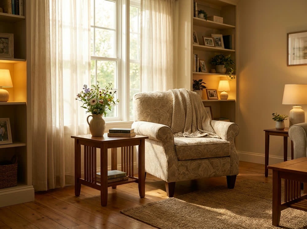 A warm, homelike living room in a residential care setting